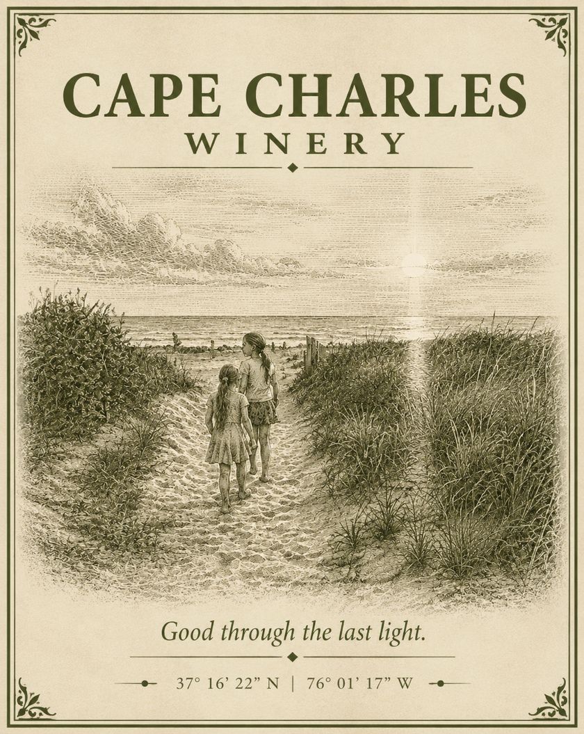 The White label: an engraving of two girls walking a dune path to the beach, in marsh olive